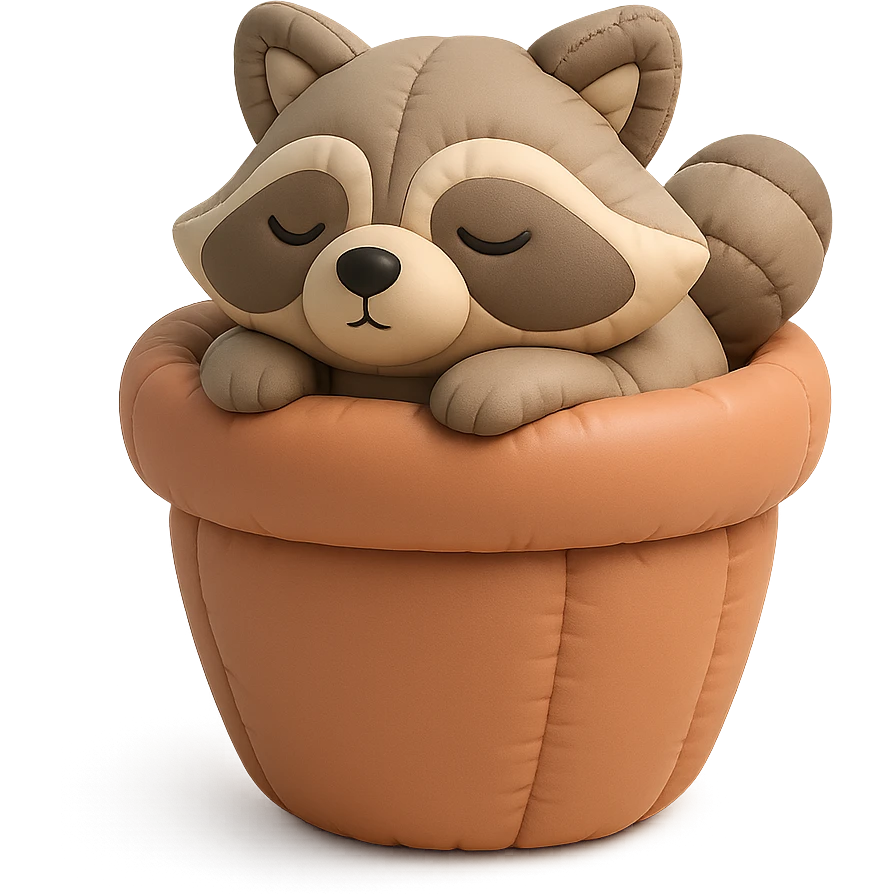 sleepy raccoon inside a flower pot, pastel earthy colors, cushion style emoji