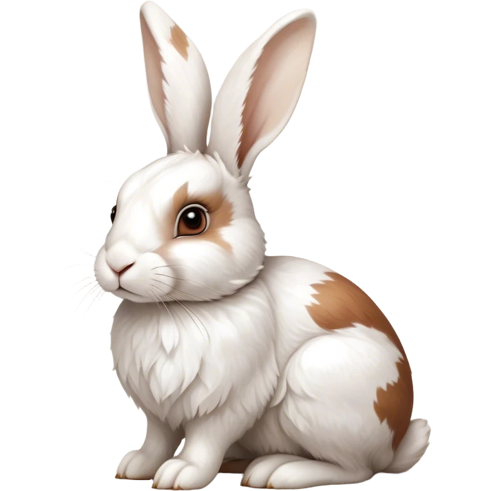 Cinematic Noble White and Brown Rabbit Portrait Emoji, Poised and regal, with a balanced, compact build and a beautifully patterned fur of pristine white accented by rich brown patches, long, alert ears and deep-set soulful eyes, Simplified yet sharp and sophisticated features, highly detailed, glowing with a soft, dignified glow, high shine, intelligent and gentle, stylized with an air of refined charm, focused and attentive, soft glowing outline, capturing the essence of a watchful and confident companion, so majestic it feels as though it could hop out of the screen with effortless authority! emoji