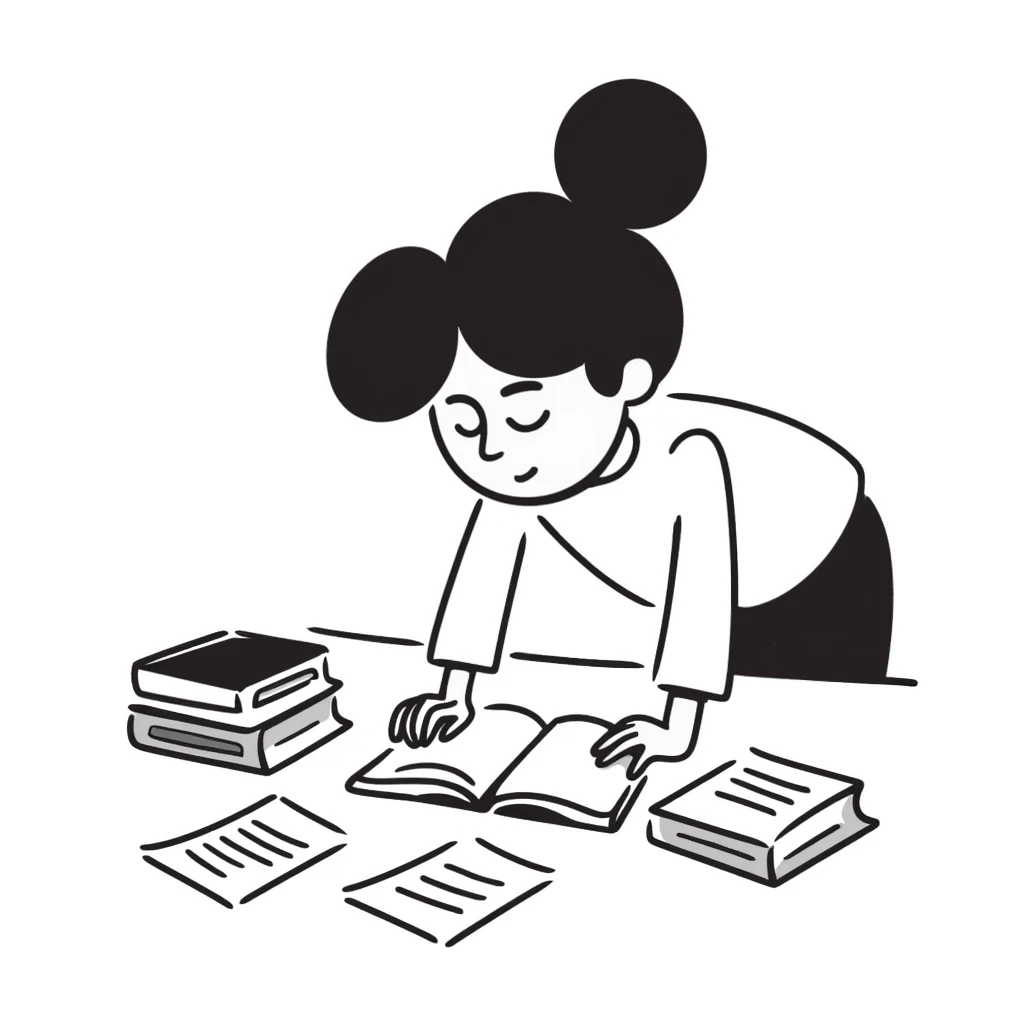 Girl student with messy hair studying hard for exam with papers spread out emoji