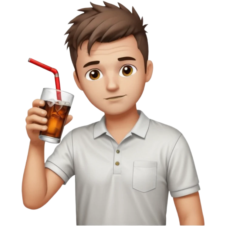 Handsome male.short messy brown hair.mowhawk hairstyle. wearing white golf shirt.grey shorts. Drinking brandy and coke . Drunk emoji