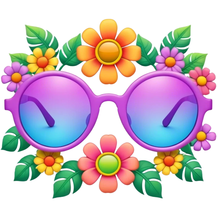 3D, psychedelic colored sunglasses with hippie style flower border emoji