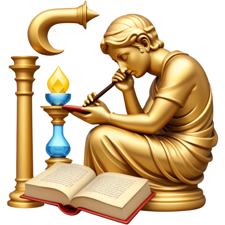 An icon featuring a thinker statue, a scroll, symbolizing philosophy. The design includes books and abstract symbols representing deep thought and wisdom. Transparent background highlights the study of ideas, logic, and existential questions emoji