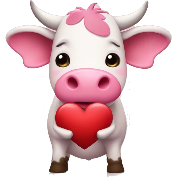 Cute little pink cow holding heart emoji