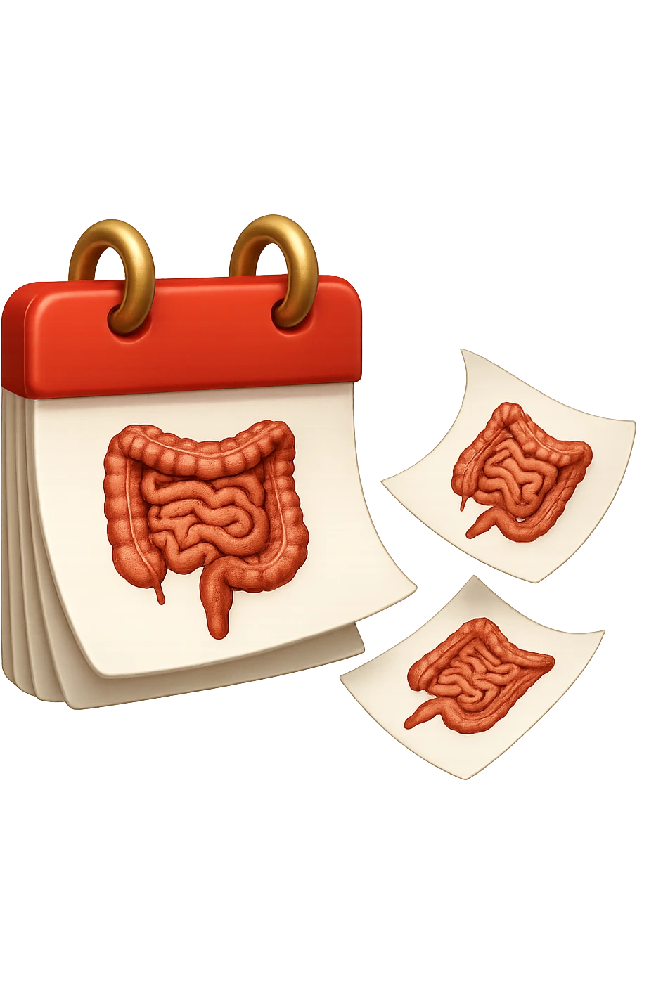 emoji stile iphone di un calendario con fogli che volano insieme, sui fogli ci sono disegnati degli intestini anatomici, iperrealistico 4k, isolato su sfondo bianco emoji