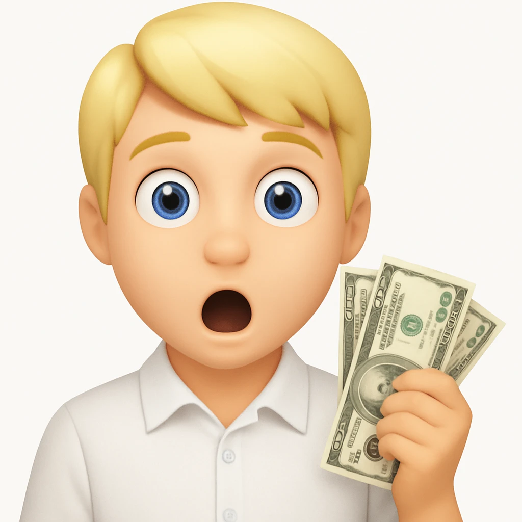 Emoji style, blonde man, blue eyes, white shirt, holding money, surprised, no facial hair emoji