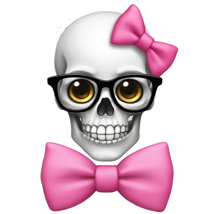 Girly Skull with black nerd glasses and pink bow on top of skull emoji