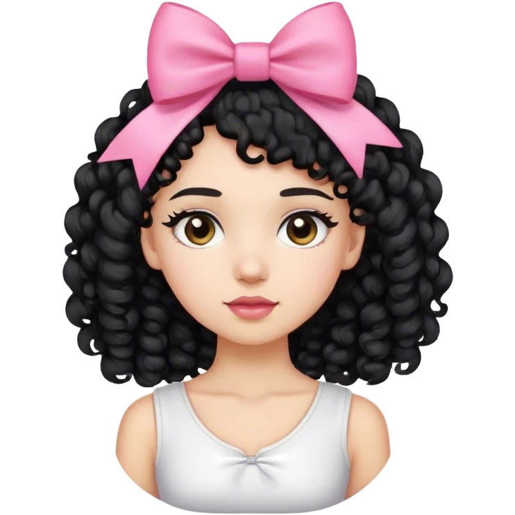 Light skined girl with black curly hair till the neck wearing white top or shirt and a pink bow on her hair in the left side  emoji
