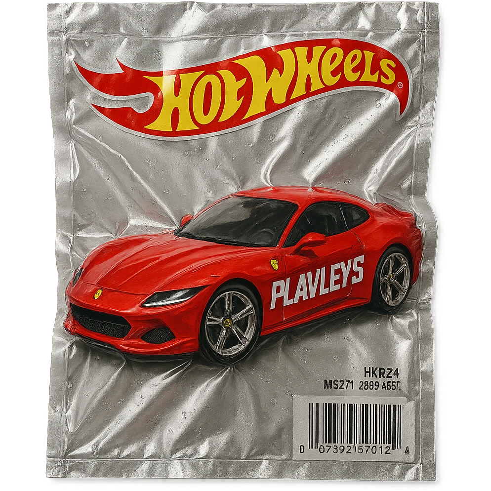 Hot Wheels packaging with a red Ferrari featuring bold racing-style 'PLAVLEYS' text on the car, shiny and inflated, vacuum-sealed style emoji