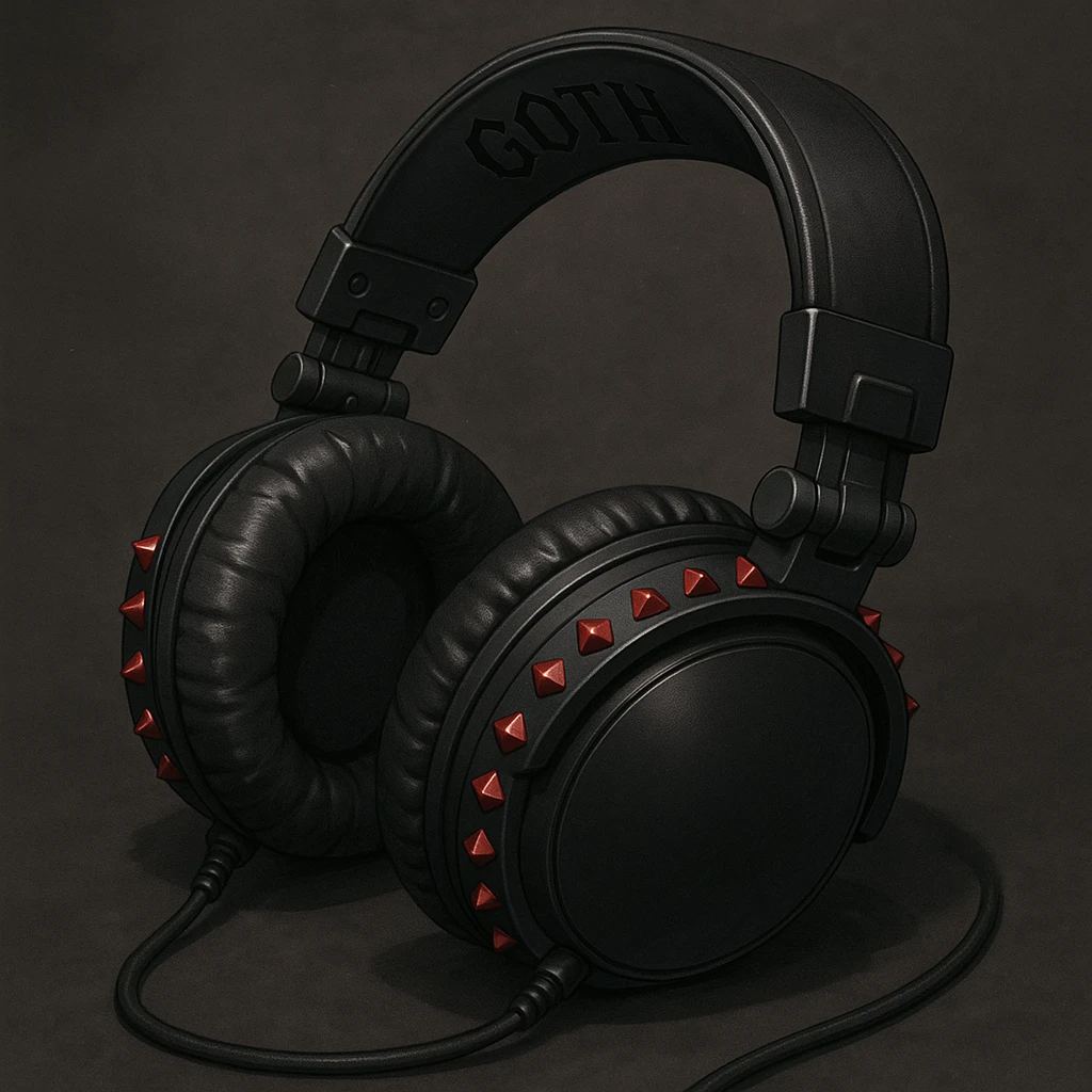 goth headphones, black with red studs, realistic anime style emoji