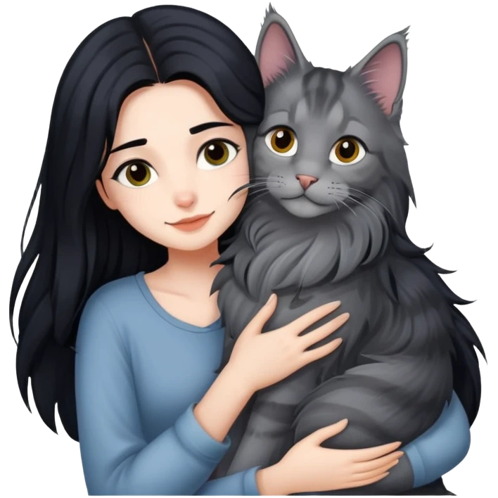 Beautiful girl with fair skin and long black hair hugs a gray Maine Coon cat emoji