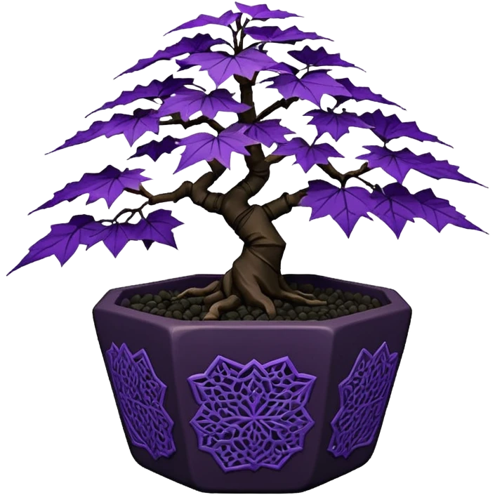  Earthenware ware small short cascading black violet bonsai pot plant purple lace-leaves maple tree with triangular angular multi-hexagon faceted asymmetrical originally shaped pot emoji