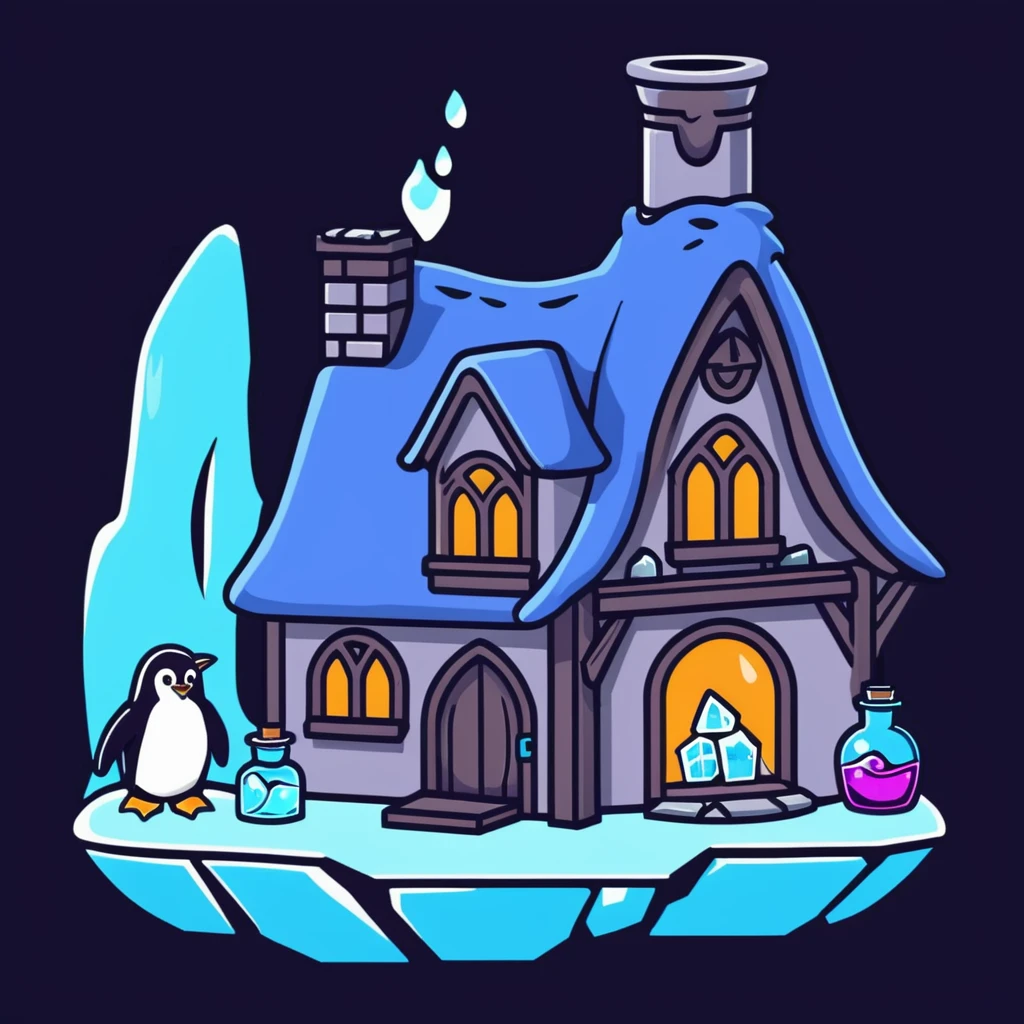 Cozy wizard's cottage for a penguin, ice cave with magical blue glow and potion bottles emoji