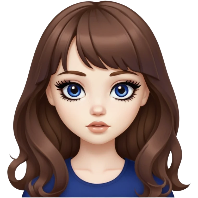 wavy brown long bangs hair, pale skin,  dark blue iris, pretty bratz baddie, strong black eyeliner emoji