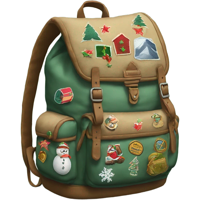 backpack for adventure with vintage christmas patches sewn on it emoji