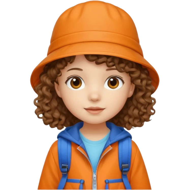 A little girl student curly brown hair, with beige bucket hat, orange jacket, blue backpack emoji