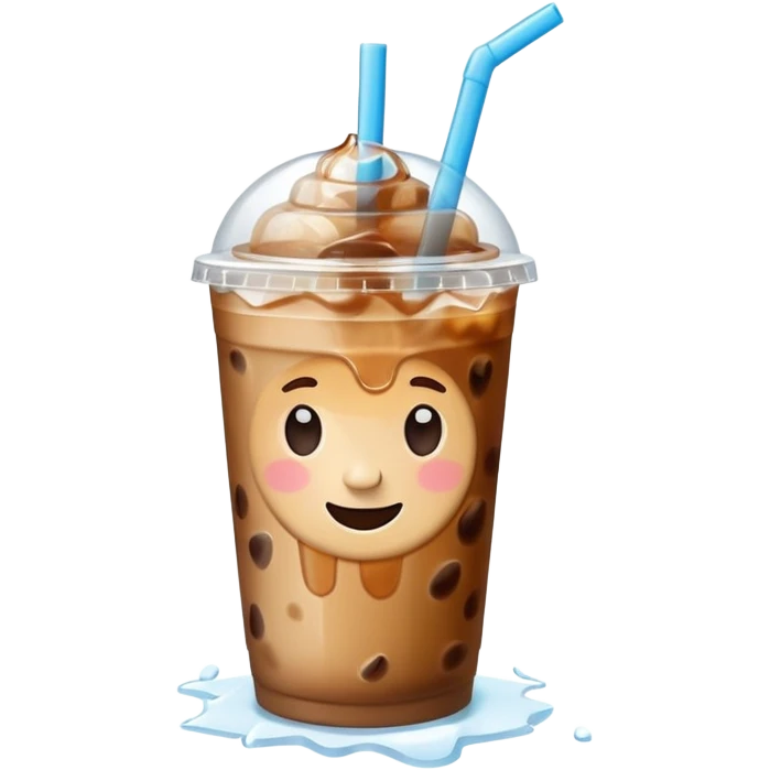 A 3D cartoon plastic cup of iced coffee with straw, clear lid, ice cubes floating, realistic condensation, bright sunlight, Memoji-style. emoji