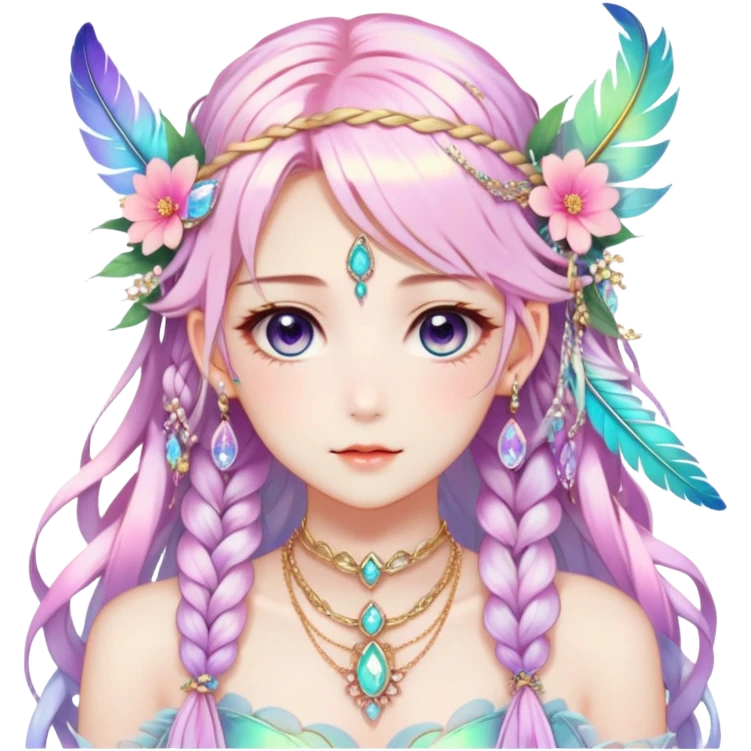 Beautiful gorgeous anime lady with beautiful iridescent-braided-hair, fashion aesthetic, ethereal, fairycore, pastelcore, feathers, flowers, gems, accessories, jewelries, gold, colorful emoji