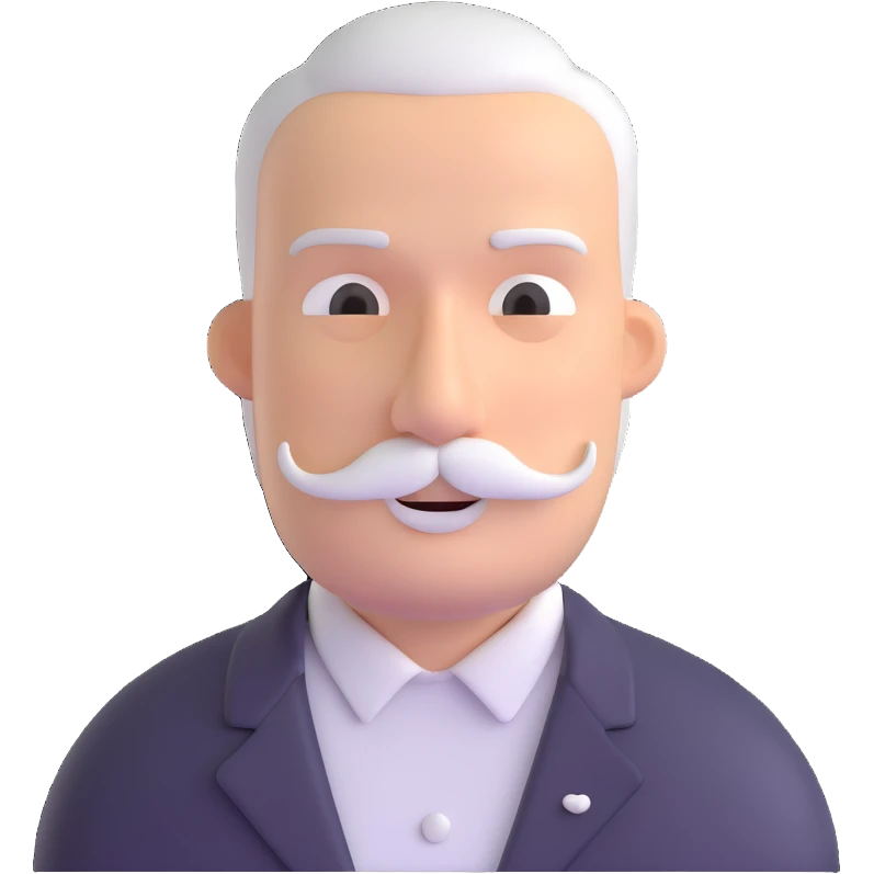 man with oval-shaped flat-top head, bushy white mustache, wearing a white shirt with three white buttons emoji