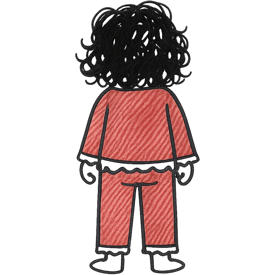 Girl from behind, wearing a red pajama with black and white lace, with curly black hair emoji
