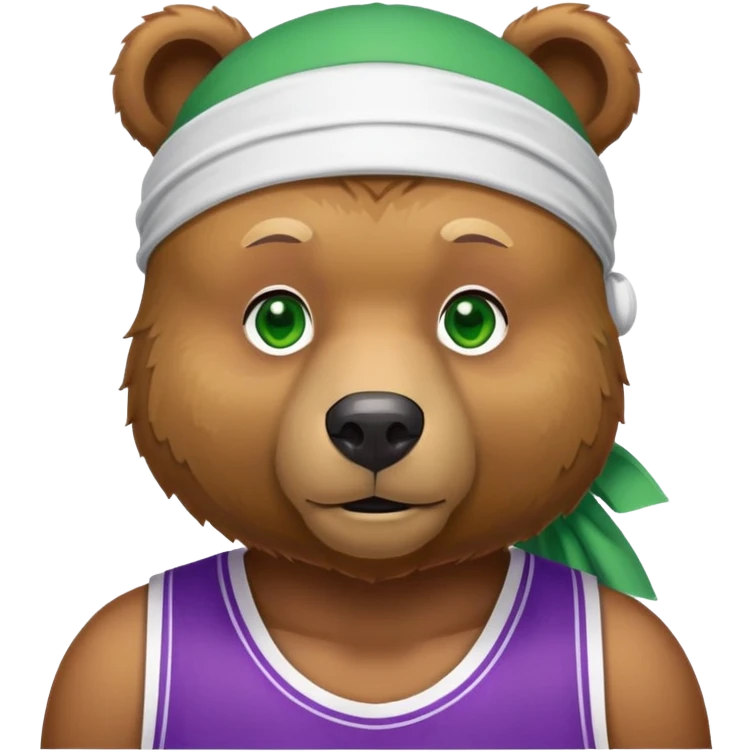 Stylish brown bear with green eyes wearing a white durag and purple and gold basketball jersey visible only to the shoulders, iOS emoji style emoji