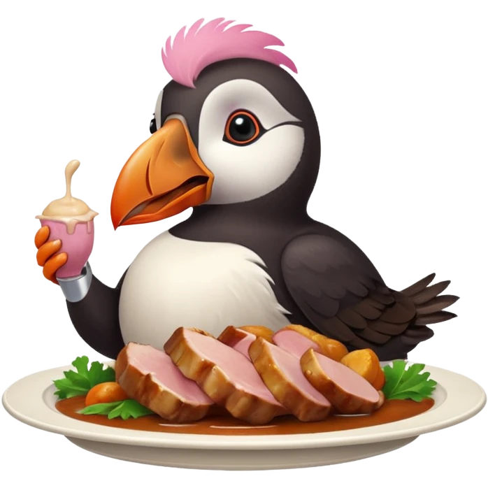 pink-colored puffin eating roast dinner emoji