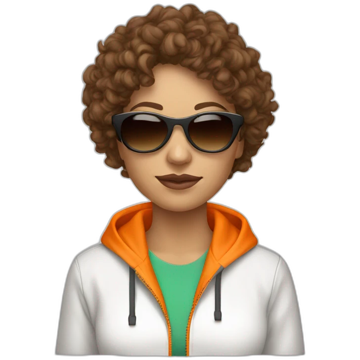 generate a brown curly hair white woman with sunglasses, she wear a orange tracksuit  emoji
