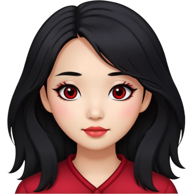 Asian girl with long shaggy black hair. middle part hair. big dark eyes. red blush. dimples. simply dark makeup emoji