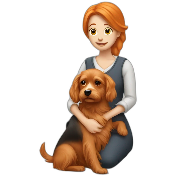 medium orange hair woman holding yorkshire dog emoji