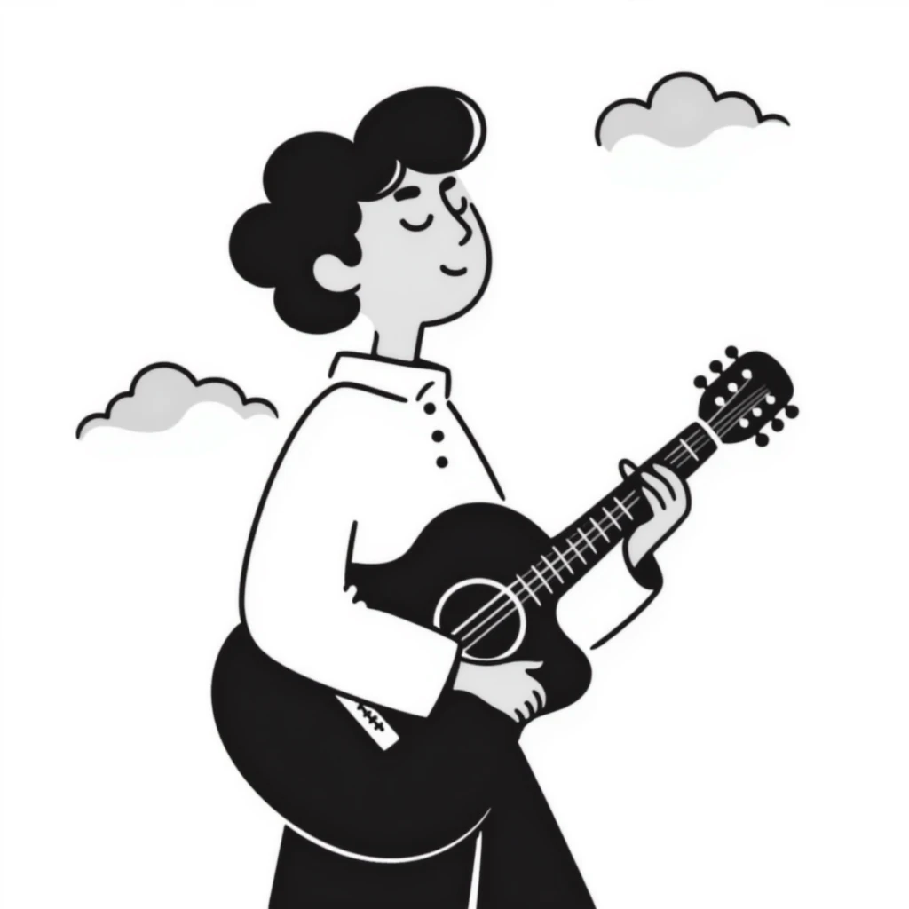 A musician holding a guitar, with a sad expression, looking up at the sky, waiting for an opportunity emoji