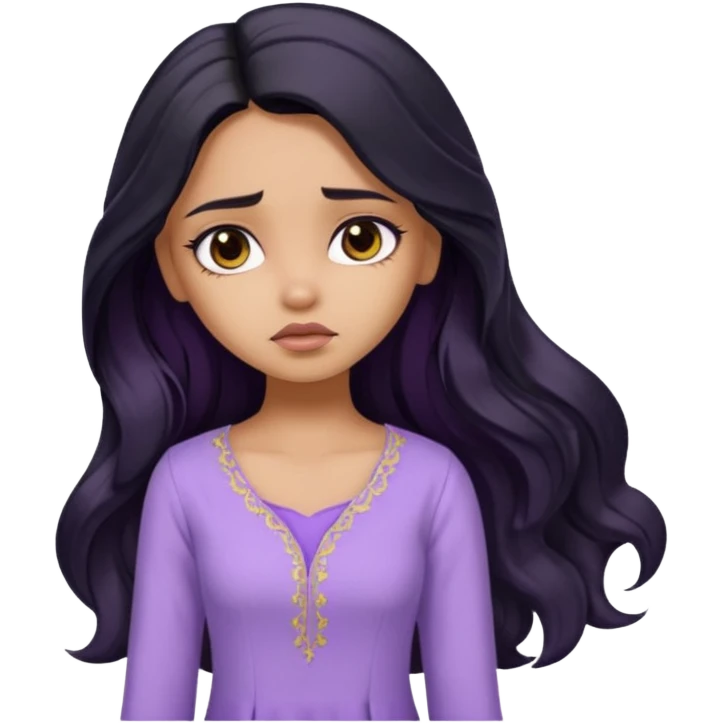 a pretty tan bratz girl with long wavy black hair, wearing a light purple kurti. looking sad emoji