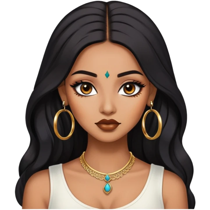 indian girl, brown skin, long black voluminous hair, brown underneath colored hair, baddie,pretty, makeup, lipliner, black eyeliner, gold hoop earrings, white top emoji