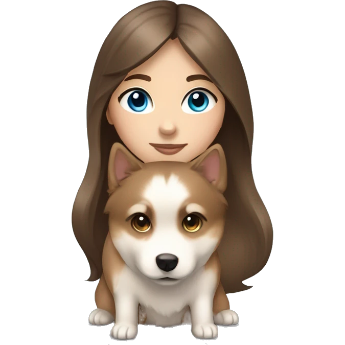 Brown haired straight long hair girl holding a brown and beige pomsky with blue eyes emoji