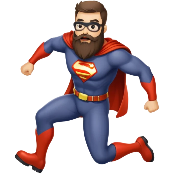 funny superhero with oversized beard tripping on his beard, clumsy superhero emoji