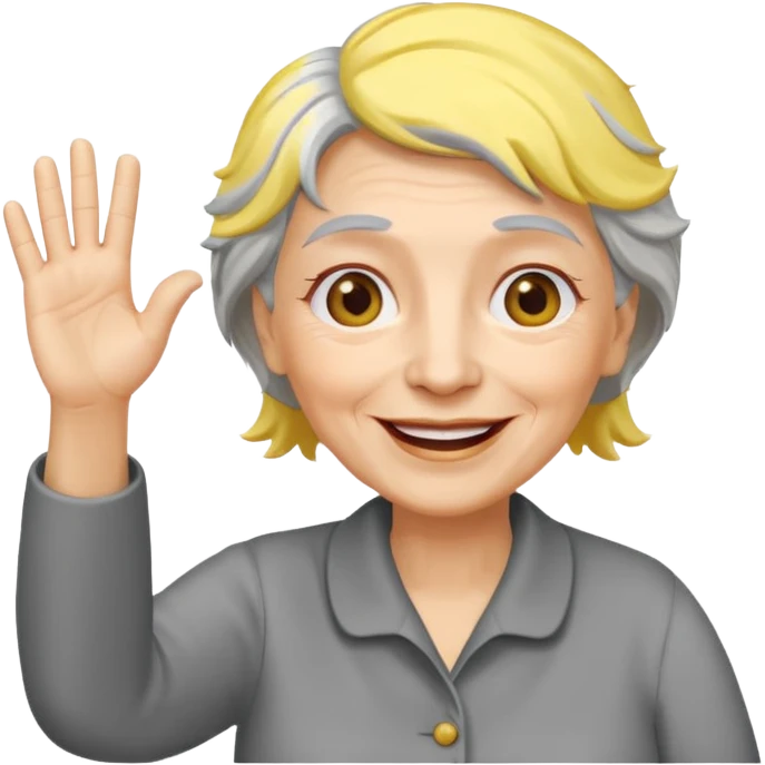 old woman with gray and yellow hair smiling and waving her hand  emoji
