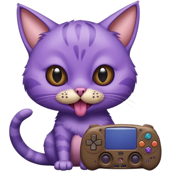 purple cat with huge eyes smelly lines and their massive brown tongue out also a playstation next to it and an ostrich on its back realistic emoji