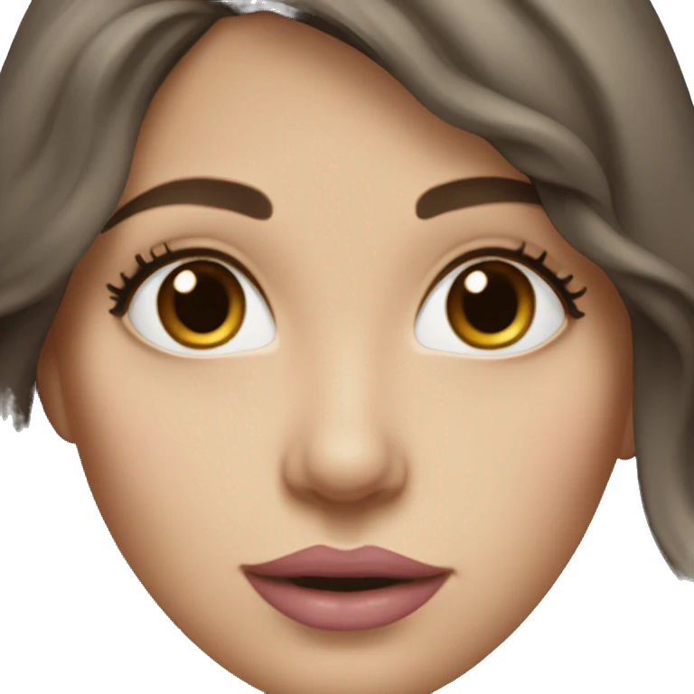white woman with long dark brown hair, hair with some waves, black eyes, medium size lips, pinkish lips, small nose emoji