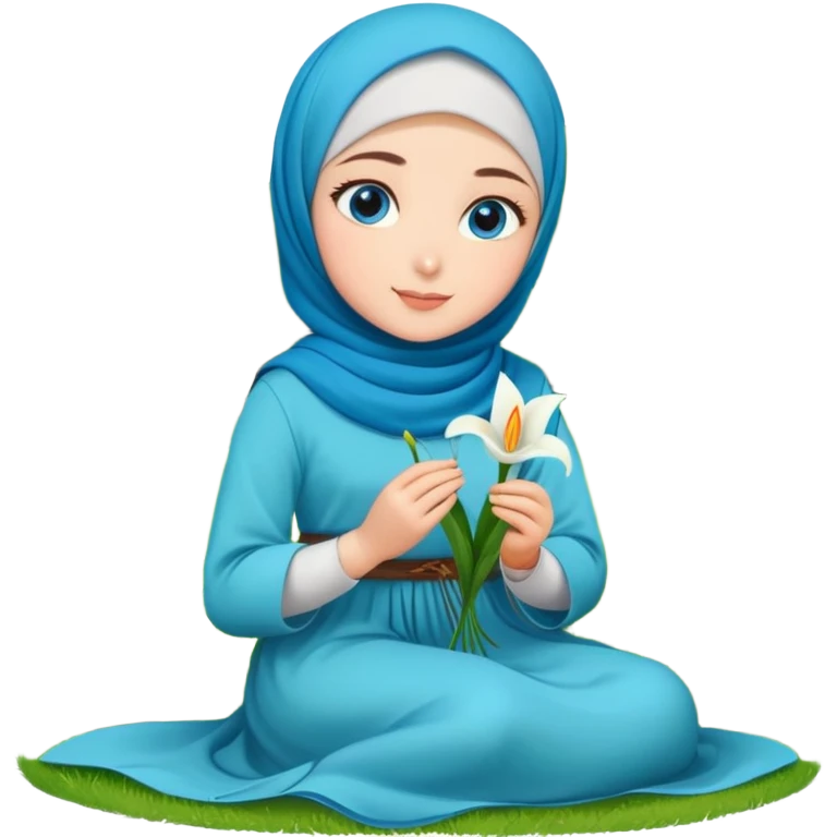 Turkish beautiful finish Konya girl blue eyes with lily flower hijab long tail dress and sits on the grass on the ground and hold lily flower on hand  emoji