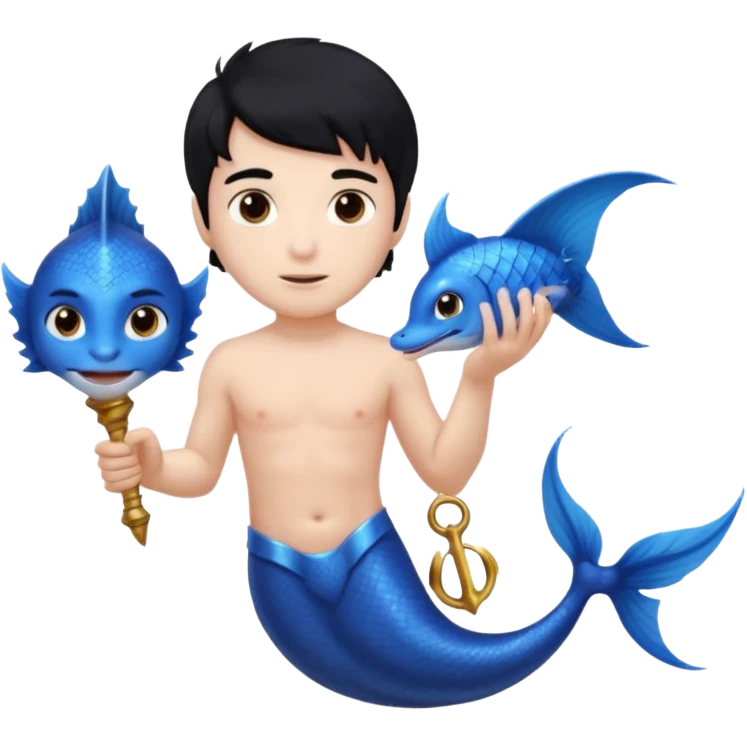 boy, black hair, brown eyes, white skin, Triton, with Triton in hand and blue Triton tail on the side. emoji