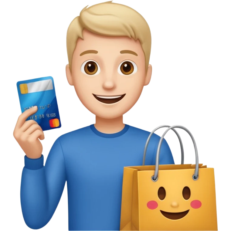 emoji of a cheerful guy with a credit card and a shopping bag emoji
