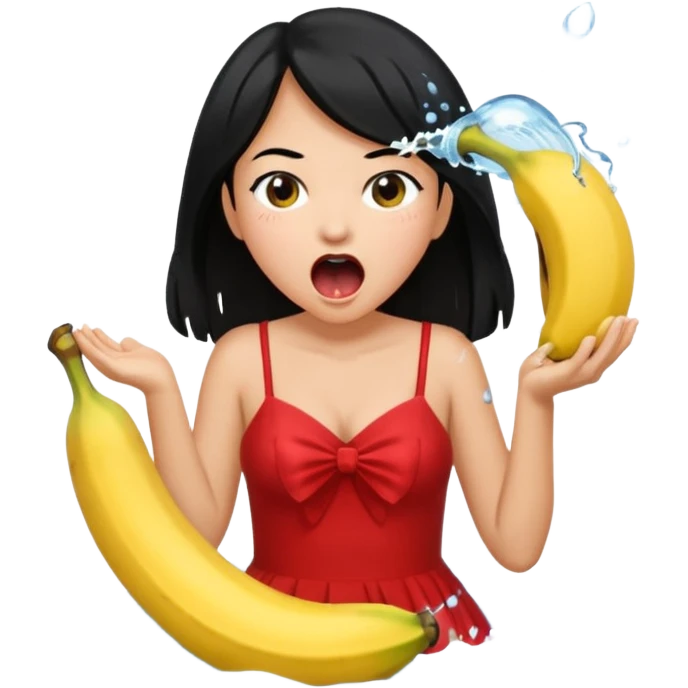 a banana splashing water in girl's mouth above her with black hair and red dress emoji