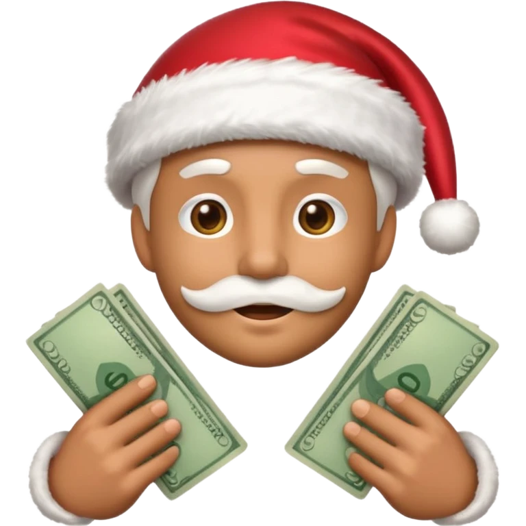 A confident rich emoji face wearing a Santa hat, money stacks, casino vibe, New Year theme, premium 3D emoji style, sharp details, no text, isolated on transparent background emoji