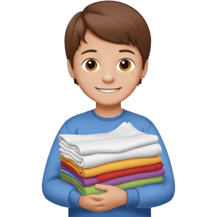 Little boy with brown hair smiling and carrying a stack of clean folded clothes emoji