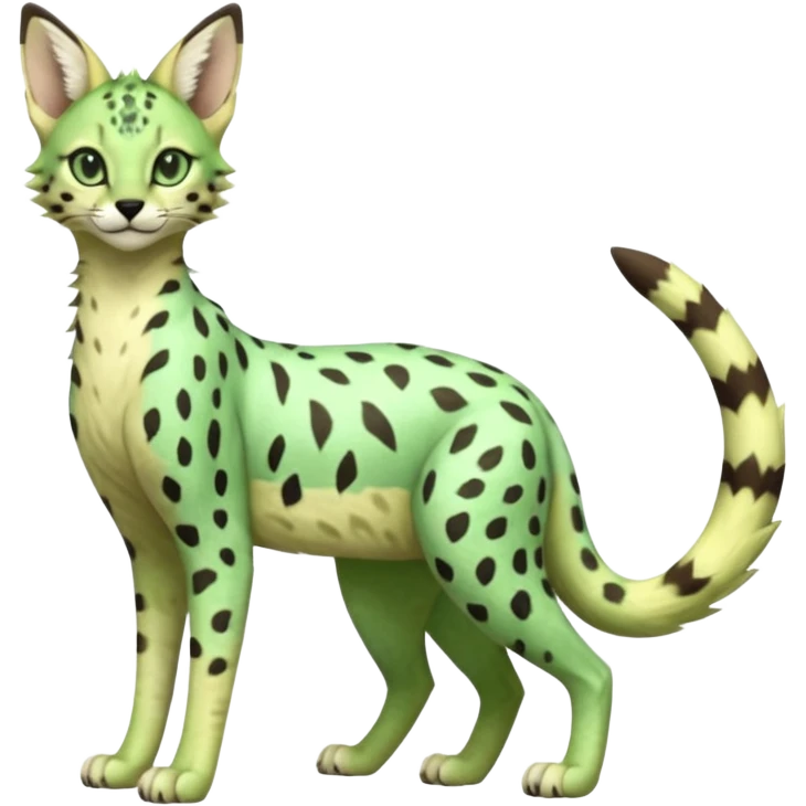 Epic complex detailed emerald-green pastel-lime-green dark-brown beige pastel realistic aesthetic-scenic-Fakémon-Sprigatito-Floragato-Meowscarada-Trico-Sergal-Serval-Vernid-creature (full body) emoji