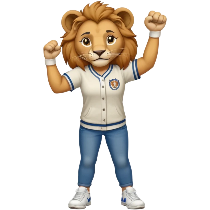 confident anthropomorphised female lion wearing a baseball shirt, jeans, trainers, raising a fist in the air, strong and determined expression emoji
