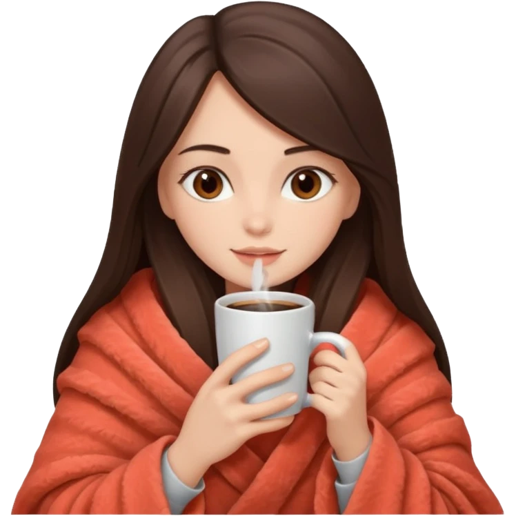 Девушка брюнетка с прямыми длинными волосами, кардиями глазами укутана в пушистый плед кораллового цвета и пьет кофе. Картинка должна были в цветах: бежевый, коралловый и коричневый emoji
