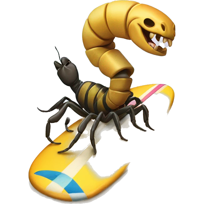 scorpion on a surf board, riding a wave, while eating a cheeseburger emoji