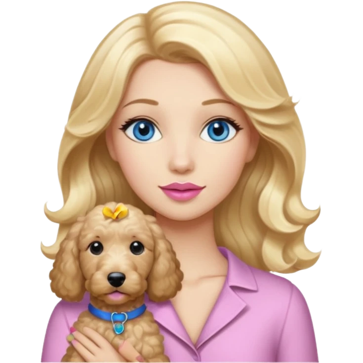 Long, straight, blonde hair, blue eyed woman, wearing soft pink lipstick, holding a wavy blonde, goldendoodle. emoji