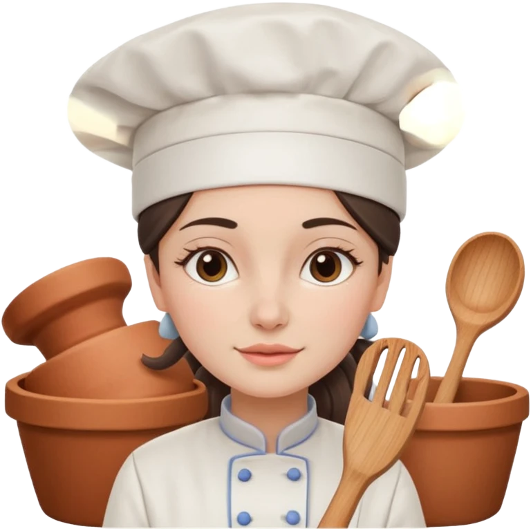 cartoon Apple iOS emoji style woman, pastel colors, Chilean wooden kitchen background, clay pots, warm light, detailed and clean vector art emoji