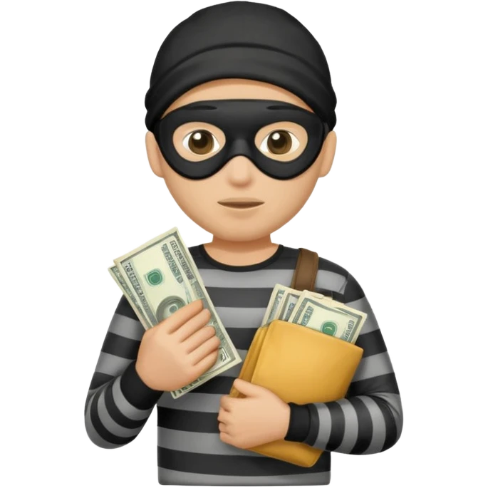 robber emoji holding a cash bag, Google style, cartoon burglar with mask and striped shirt emoji