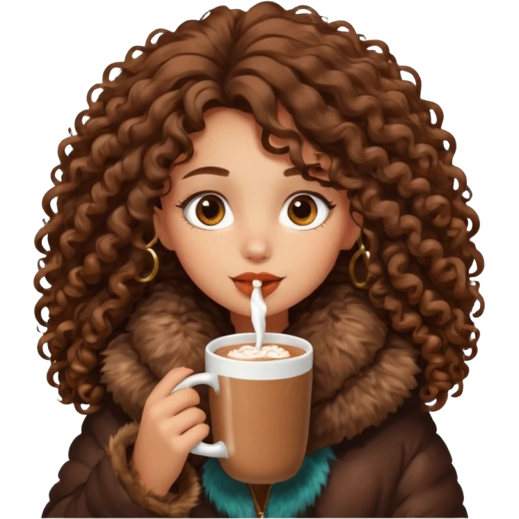 tanned girl with long brown curly hair, drinking hot chocolate , wearing oversized fur jacket emoji